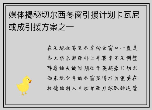 媒体揭秘切尔西冬窗引援计划卡瓦尼或成引援方案之一