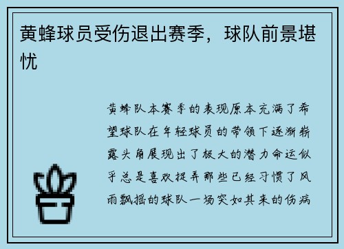 黄蜂球员受伤退出赛季，球队前景堪忧