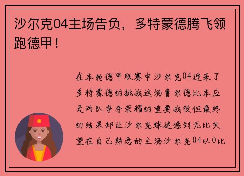 沙尔克04主场告负，多特蒙德腾飞领跑德甲！