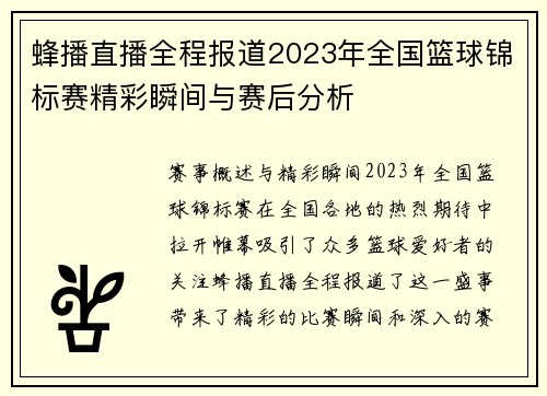 蜂播直播全程报道2023年全国篮球锦标赛精彩瞬间与赛后分析